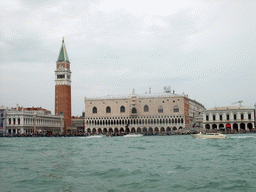 The Bacino di San Marco basin, the Biblioteca Marciana library, the Campanile Tower of the Basilica di San Marco church, the Palazzo Ducale palace and the Ponte della Paglia bridge and the Ponte dei Sospiri bridge over the Rio de Palazzo o de Canonica river, viewed from the ferry