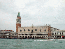 The Bacino di San Marco basin, the Biblioteca Marciana library, the Campanile Tower of the Basilica di San Marco church, the Palazzo Ducale palace and the Ponte della Paglia bridge over the Rio de Palazzo o de Canonica river, viewed from the ferry