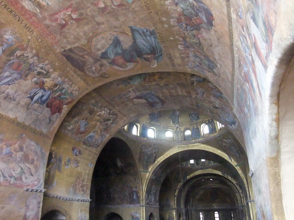 The ceiling of the nave and dome of the Basilica di San Marco church, viewed from the narthex