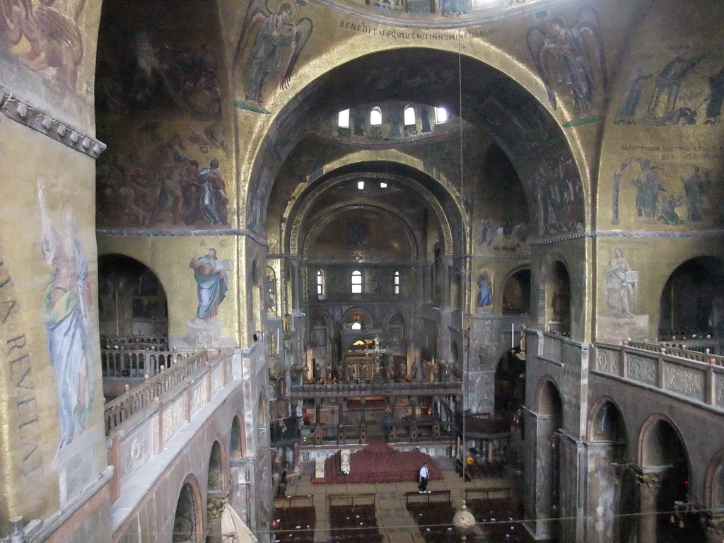 The nave, pulpit, choir, apse and altar of the Basilica di San Marco church, viewed from the narthex