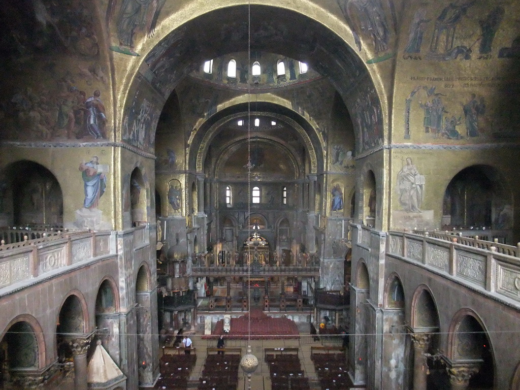 The nave, pulpit, choir, apse and altar of the Basilica di San Marco church, viewed from the narthex