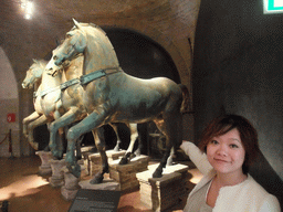 Miaomiao with the original Horses of Saint Mark statues, at the narthex of the Basilica di San Marco church