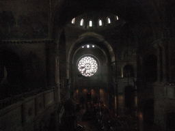 The transept, dome and right rose window of the Basilica di San Marco church, viewed from the left side of the narthex