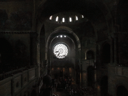 The transept, dome and right rose window of the Basilica di San Marco church, viewed from the left side of the narthex