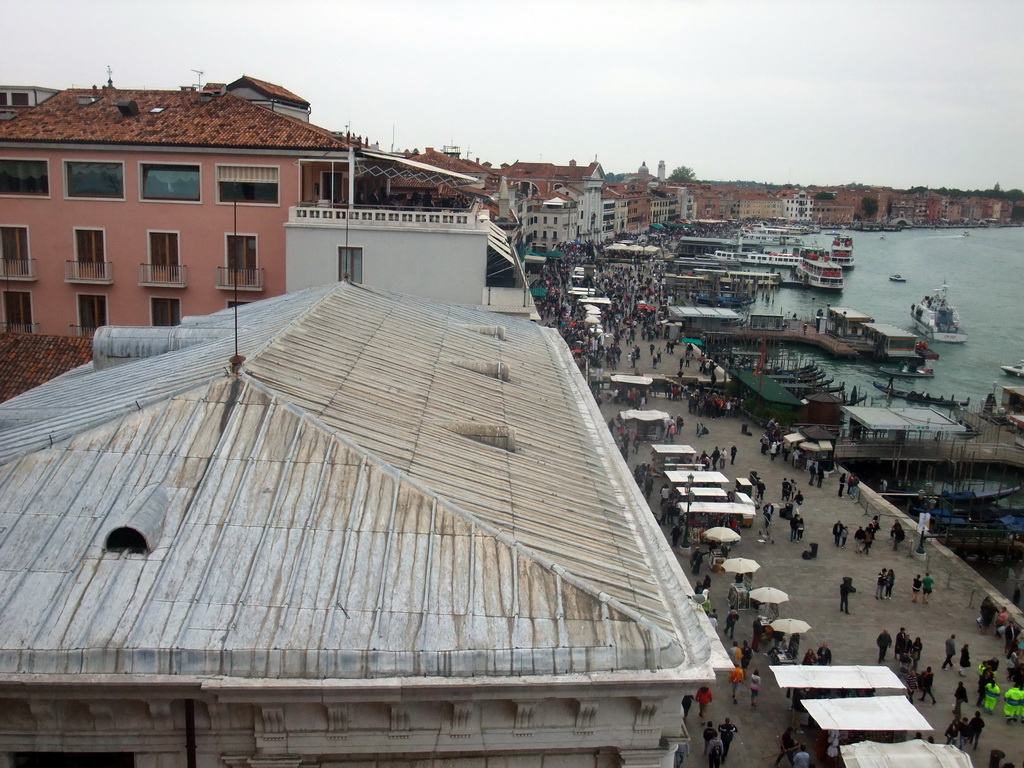 The Riva degli Schiavoni street and boats in the Bacino di San Marco basin, viewed from the upper floor of the Palazzo Ducale palace