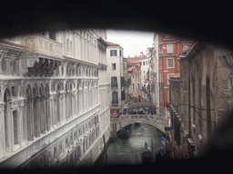 The Ponte de la Canonica bridge, Ponte Cappello bridge and Ponte dei Consorzi bridge over the Rio de Palazzo o de Canonica canal, viewed from a grated window in the Ponte dei Sospiri bridge