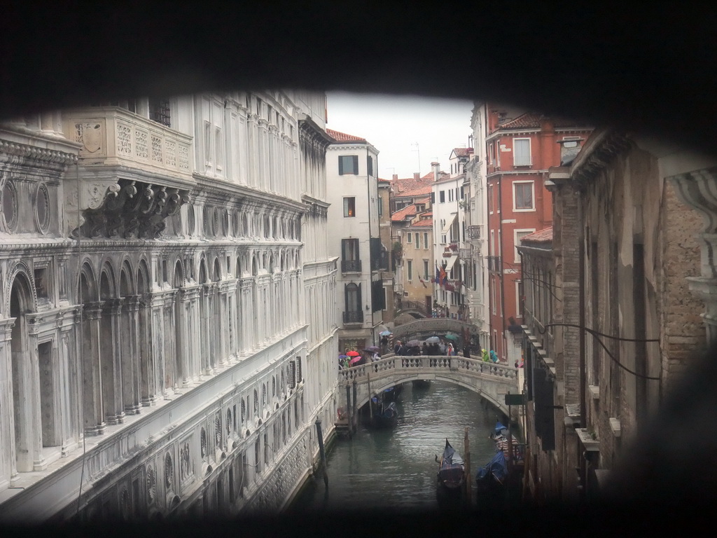 The Ponte de la Canonica bridge, Ponte Cappello bridge and Ponte dei Consorzi bridge over the Rio de Palazzo o de Canonica canal, viewed from a grated window in the Ponte dei Sospiri bridge