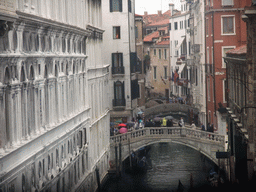 The Ponte de la Canonica bridge, Ponte Cappello bridge and Ponte dei Consorzi bridge over the Rio de Palazzo o de Canonica canal, viewed from a grated window in the Ponte dei Sospiri bridge