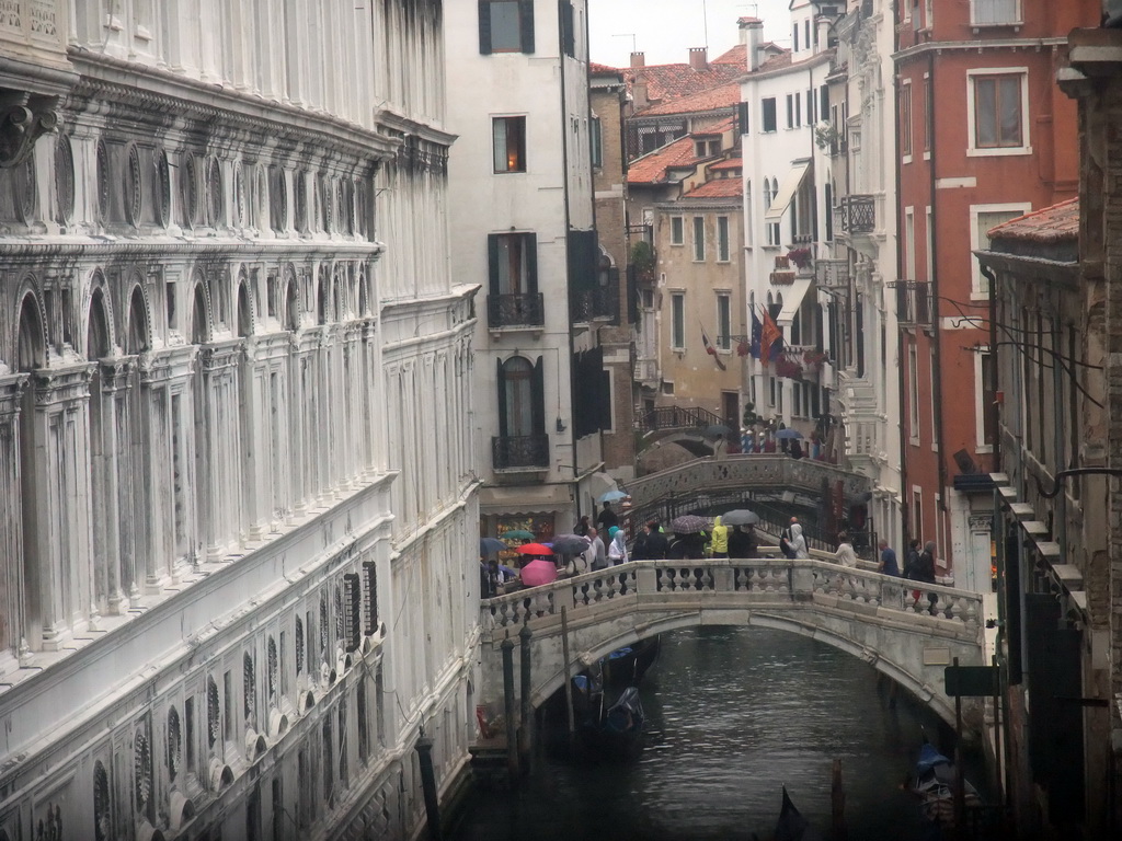 The Ponte de la Canonica bridge, Ponte Cappello bridge and Ponte dei Consorzi bridge over the Rio de Palazzo o de Canonica canal, viewed from a grated window in the Ponte dei Sospiri bridge