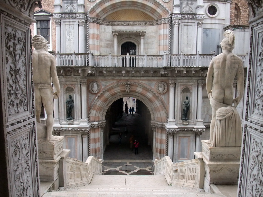 The Scala dei Giganti staircase with its two statues and the back side of the Porta della Carta gate at the Palazzo Ducale palace