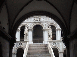 The two statues of the Scala dei Giganti staircase at the Palazzo Ducale palace, viewed from the Porta della Carta gate