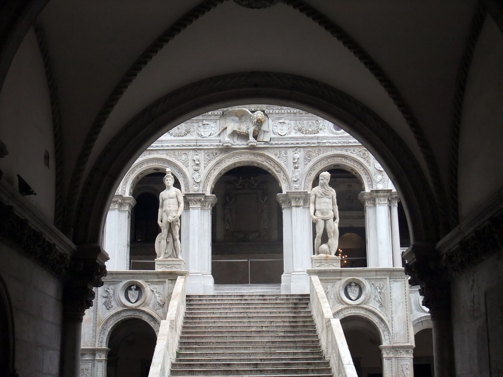 The two statues of the Scala dei Giganti staircase at the Palazzo Ducale palace, viewed from the Porta della Carta gate
