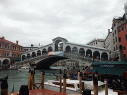 Gondolas and the Ponte di Rialto bridge over the Canal Grande, viewed from the Rialto ferry stop