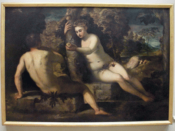 Painting `La tentazione di Adamo ed Eva` by Jacopo Tintoretto, at room VI of the Gallerie dell`Accademia museum