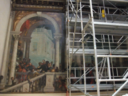 Left part of the painting `Convito in casa di Levi` by Paolo Veronese, under renovation, at room X of the Gallerie dell`Accademia museum