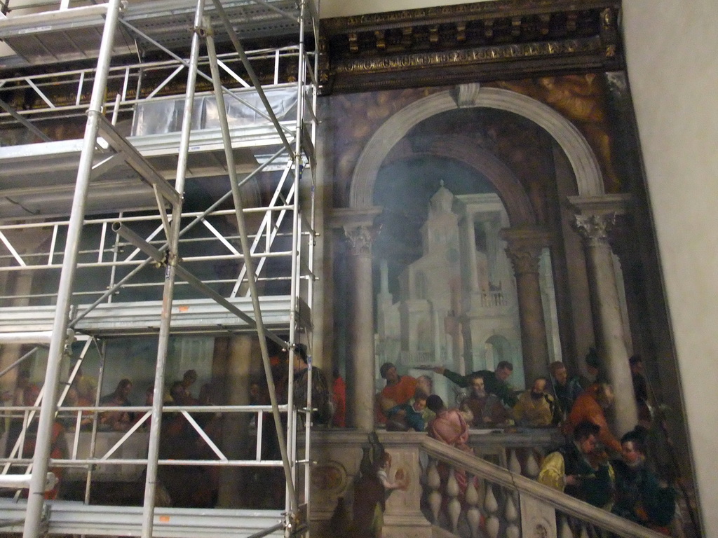 Right part of the painting `Convito in casa di Levi` by Paolo Veronese, under renovation, at room X of the Gallerie dell`Accademia museum