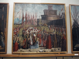 Painting `Incontro dei pellegrini con papa Ciriaco` by Vittore Carpaccio, at room XXI of the Gallerie dell`Accademia museum