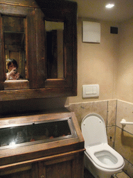 Miaomiao in the mirror at the bathroom of a restaurant in the Dorsoduro district
