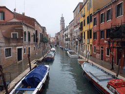 The Rio de San Barnaba river and the Campanile tower of the Santa Maria dei Carmini church, viewed from the Ponte dei Pugni bridge