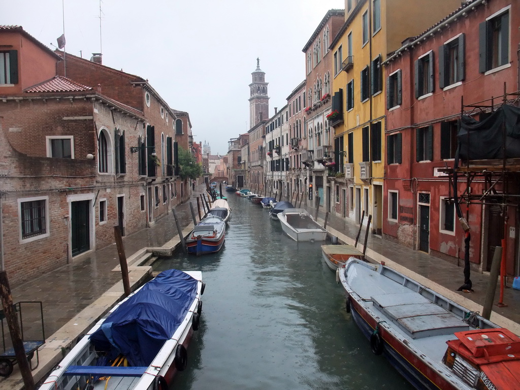 The Rio de San Barnaba river and the Campanile tower of the Santa Maria dei Carmini church, viewed from the Ponte dei Pugni bridge