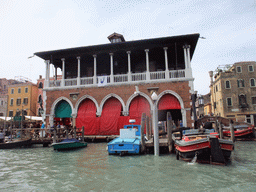 Boats and the Rialto Pescheria fish market, viewed from the Canal Grande ferry