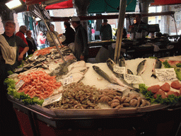 Fish and seafood at the fish market at the Mercato del Pesce al Minuto building