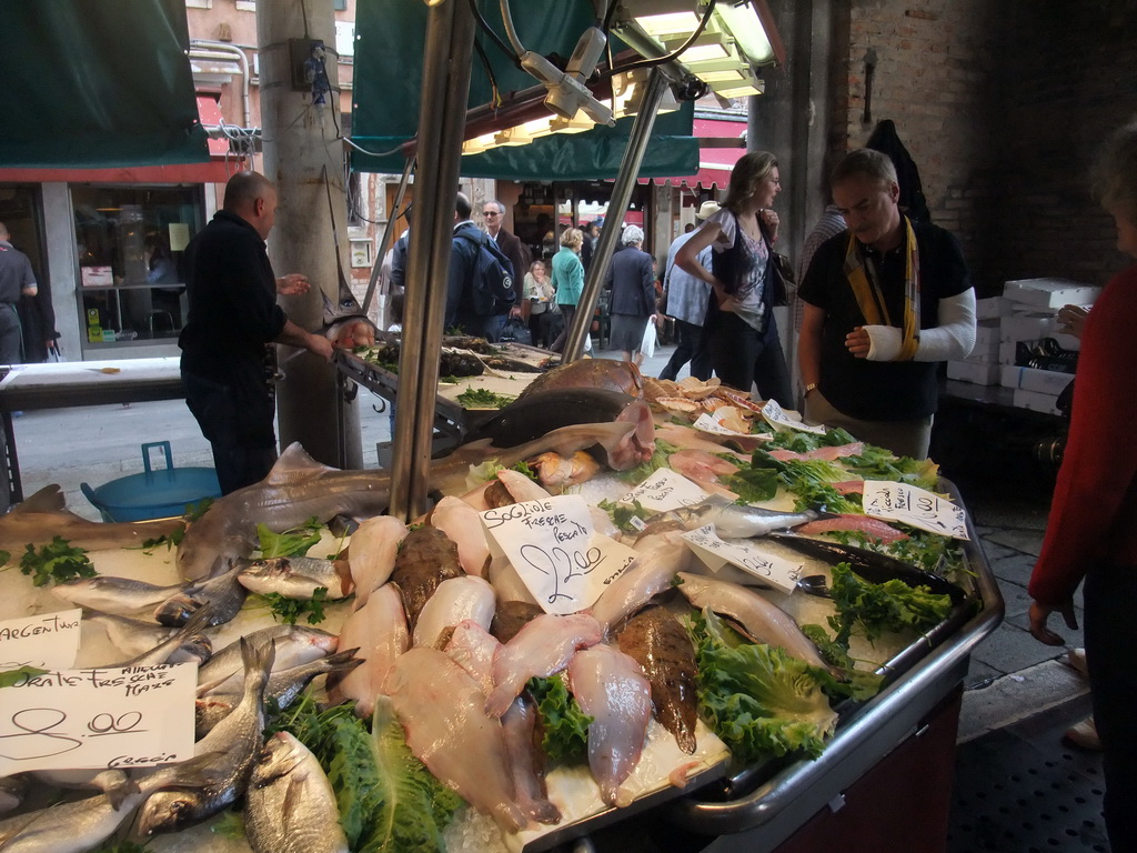 Fish and seafood at the fish market at the Mercato del Pesce al Minuto building