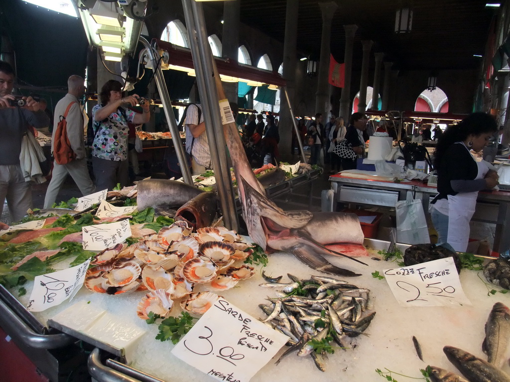 Fish and seafood at the fish market at the Mercato del Pesce al Minuto building