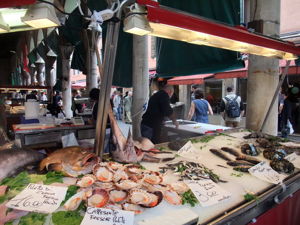 Fish and seafood at the fish market at the Mercato del Pesce al Minuto building