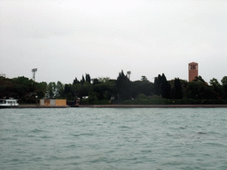 The Isola di Sant`Elena island with the Stadio Pierluigi Penzo stadium and the Campanile tower of the Chiesa di Sant`Elena church, viewed from the ferry from the Lido di Venezia island