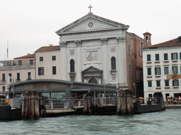 Dock and the Chiesa di Santa Maria della Pietà church, viewed from the ferry from the Lido di Venezia island