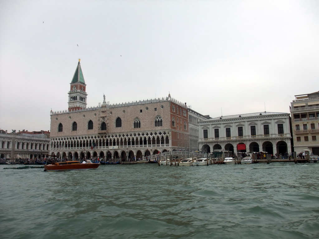 The Bacino di San Marco basin, the Campanile tower of the Basilica di San Marco church, the Biblioteca Marciana library and the Palazzo Ducale palace, viewed from the ferry from the Lido di Venezia island