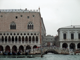 The Palazzo Ducale palace and the Ponte della Paglia bridge and the Ponte dei Sospiri bridge over the Rio de Palazzo o de Canonica river, viewed from the ferry from the Lido di Venezia island