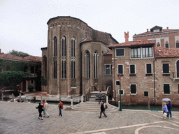 The Ponte de l`Abazia bridge over the Rio de la Salute river and the east side of the Chiesa di San Gregorio church