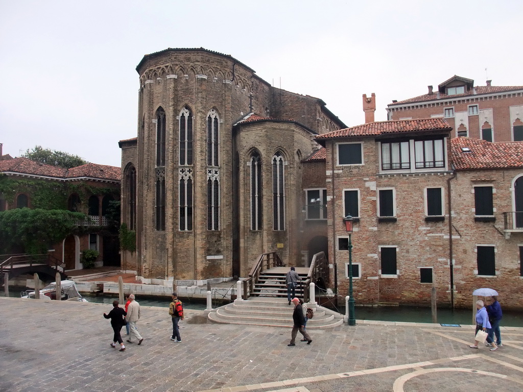 The Ponte de l`Abazia bridge over the Rio de la Salute river and the east side of the Chiesa di San Gregorio church