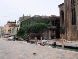 Wooden bridge over the Rio de la Salute river and a house overgrown with plants