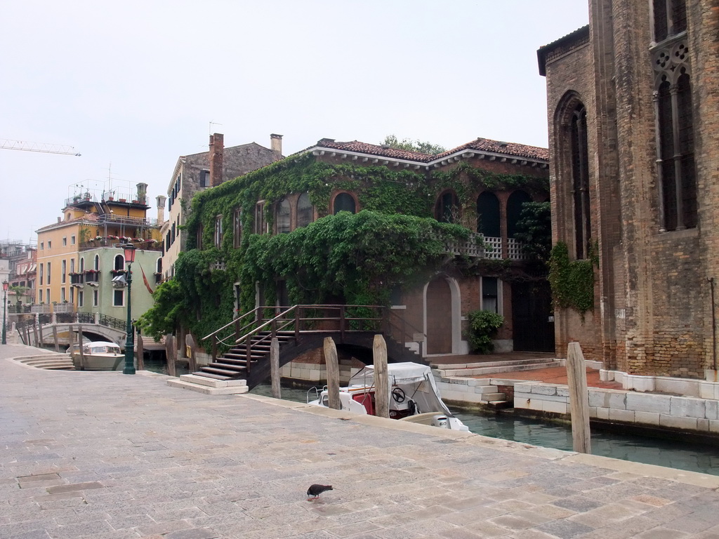 Wooden bridge over the Rio de la Salute river and a house overgrown with plants