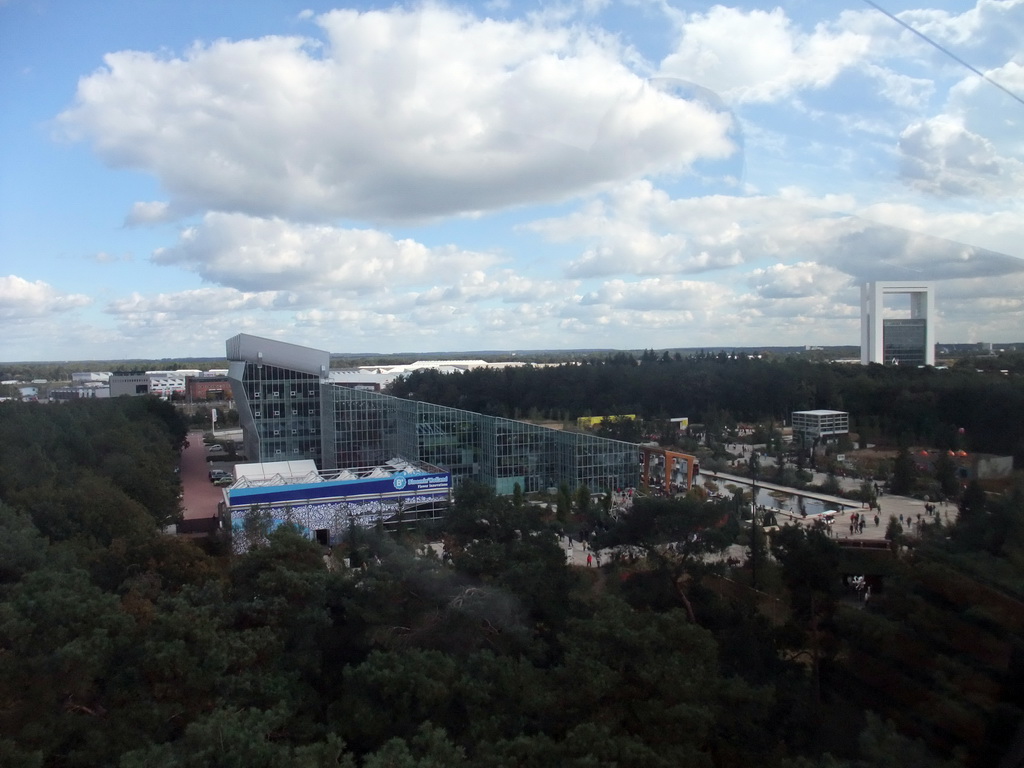 The Innovatoren Jo Coenen tower at the Environment section, and the Villa Flora Building and the Bloomin` Holland building at the Green Engine section, viewed from the Floriadebaan funicular