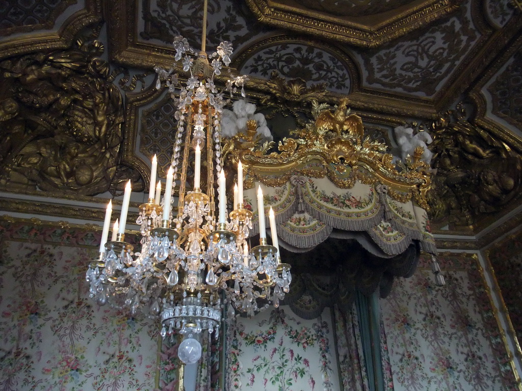 Chandelier and balustrade in the Queen`s Bedroom in the Grand Appartement de la Reine in the Palace of Versailles