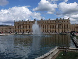 The back side of the Palace of Versailles and the Parterre d`Eau fountain in the Gardens of Versailles