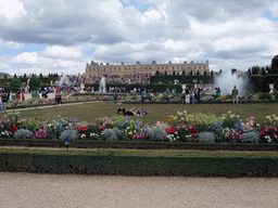 The back side of the Palace of Versailles, the Bassin de Latone fountain and the south Bassin des Lézards fountain in the Gardens of Versailles
