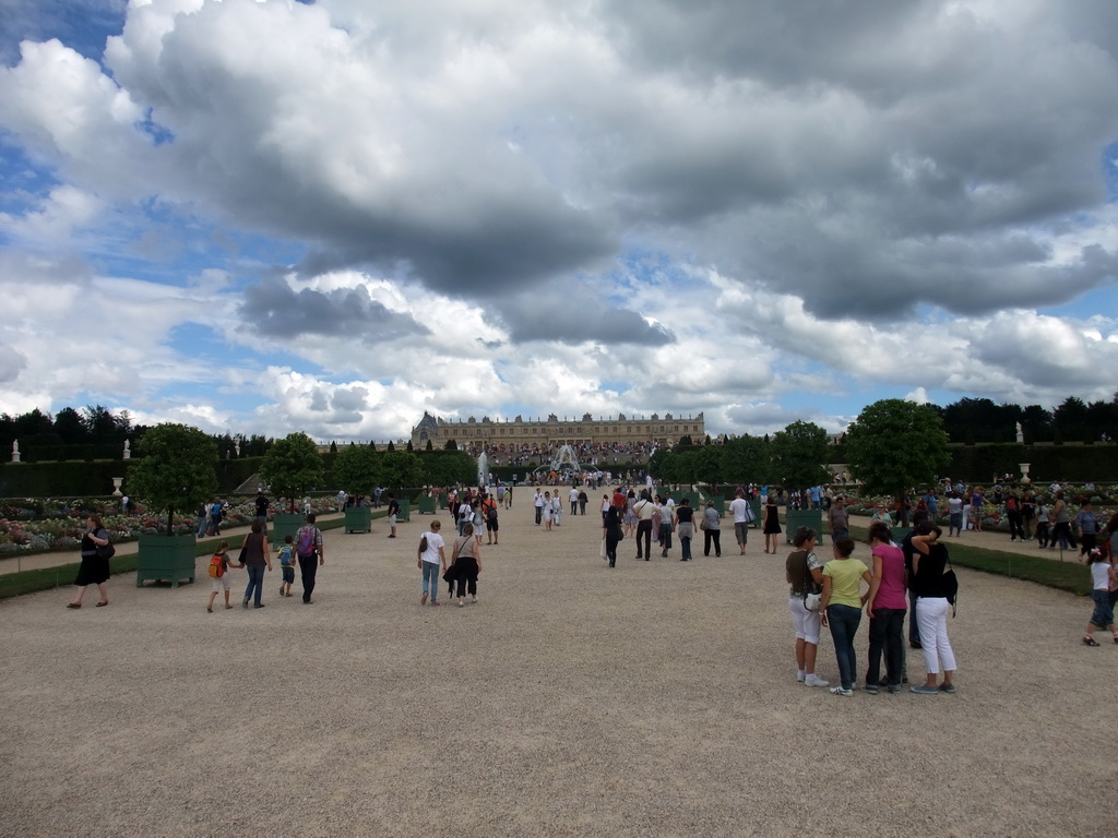 The back side of the Palace of Versailles and the Bassin de Latone fountain in the Gardens of Versailles