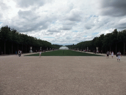 The Tapis Vert lawn, the Bassin d`Apollon fountain and the Grand Canal in the Gardens of Versailles