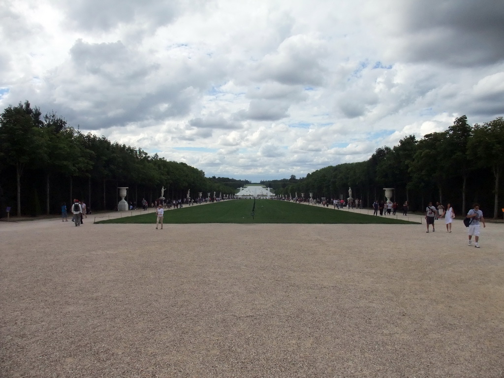 The Tapis Vert lawn, the Bassin d`Apollon fountain and the Grand Canal in the Gardens of Versailles