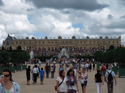 The back side of the Palace of Versailles, the Bassin de Latone fountain and the north Bassin des Lézards fountain in the Gardens of Versailles