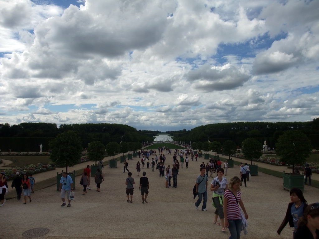 The Tapis Vert lawn, the Bassin d`Apollon fountain and the Grand Canal in the Gardens of Versailles