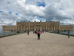 The back side of the Palace of Versailles and the Parterre d`Eau fountains in the Gardens of Versailles