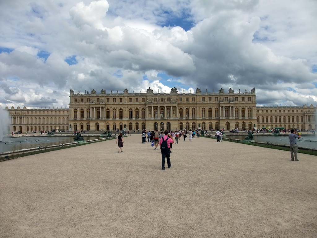 The back side of the Palace of Versailles and the Parterre d`Eau fountains in the Gardens of Versailles