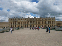 The back side of the Palace of Versailles and the Parterre d`Eau fountains in the Gardens of Versailles