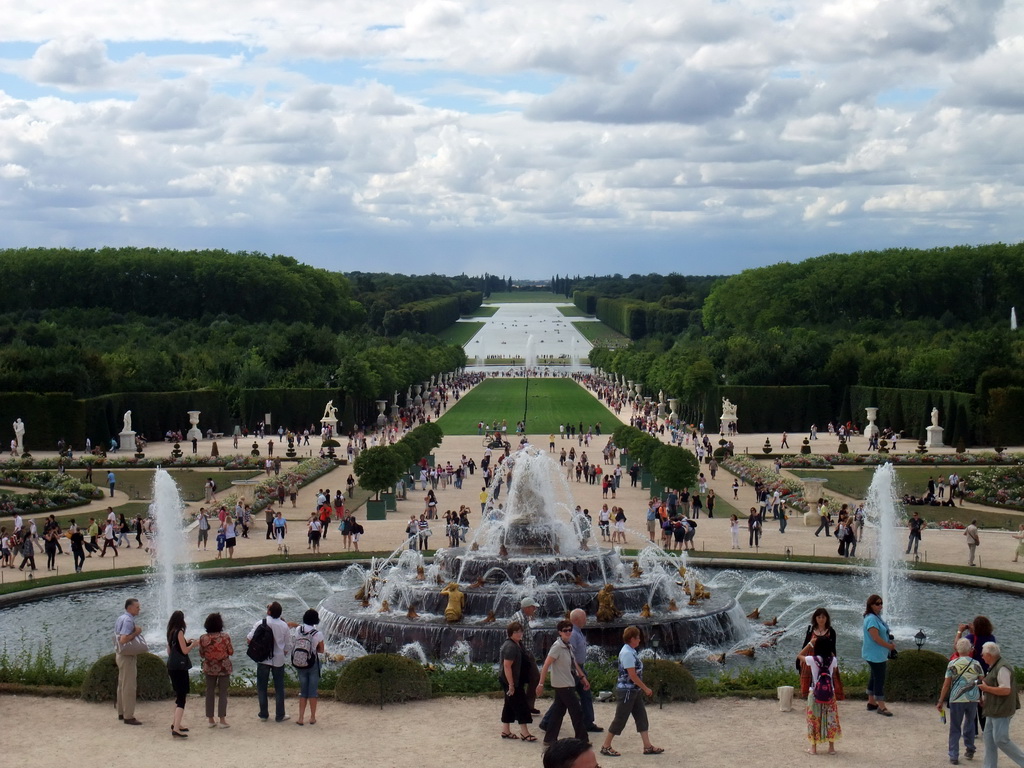 The Bassin de Latone fountain, the Tapis Vert lawn, the Bassin d`Apollon fountain and the Grand Canal in the Gardens of Versailles